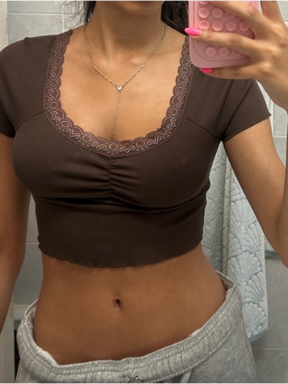 SHEIN Chocolate Lace-Trim Ruched Ribbed Crop Top